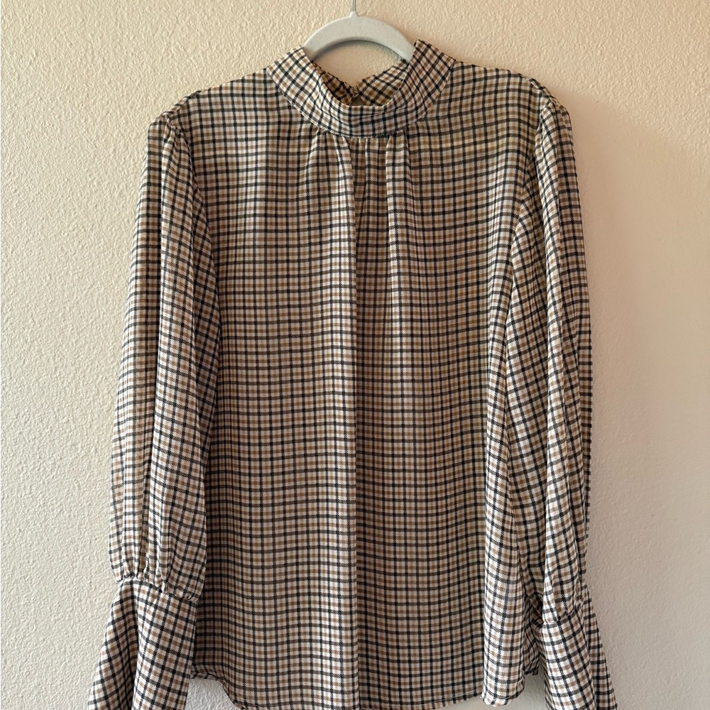 a new day Cream and Black Plaid High Neck Blouse